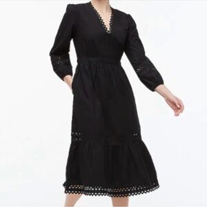 J. Crew NEW Black Cotton Poplin Midi Dress Rick Rack Trim $98 NWT S